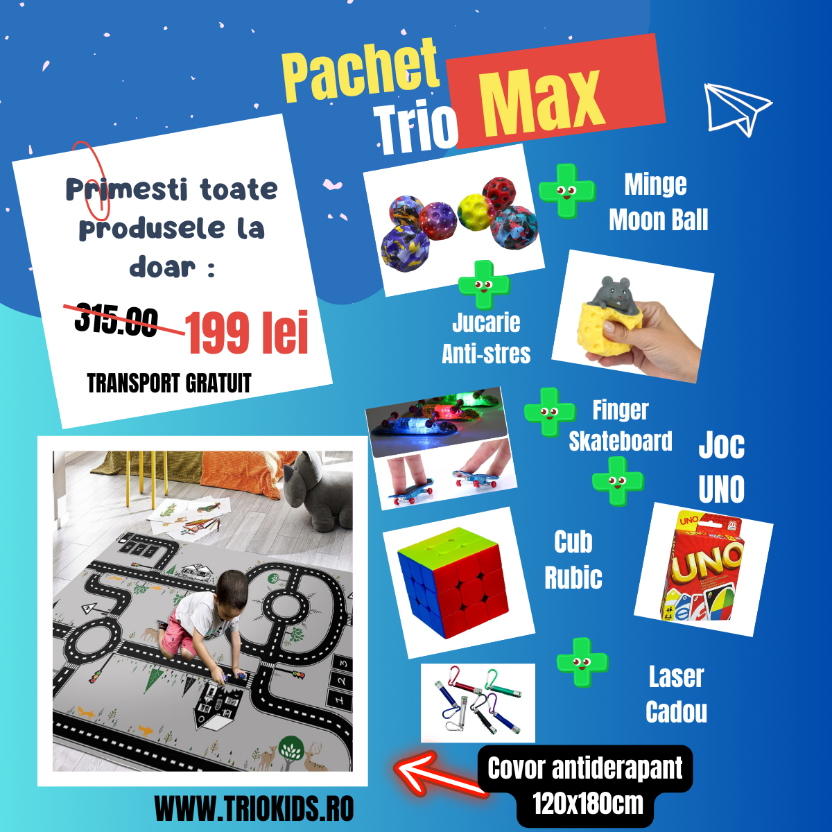 Pachet TRIO MAX Covor Traseu Gri, marime 120x180 cm si 5 Jucarii interactive + CADOU