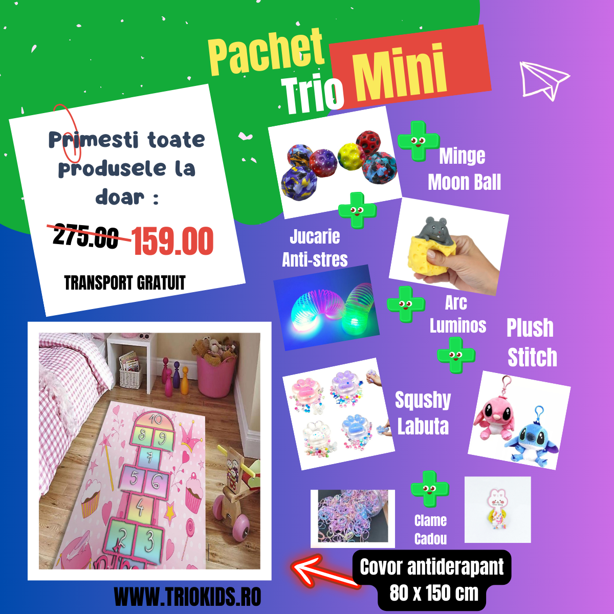 Pachet TRIO MINI Covor Sotron Roz, marime 80 x150 cm si 5 Jucarii interactive +CADOU