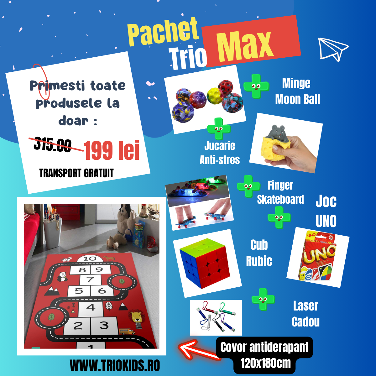 Pachet TRIO MAX Covor Sotron Rosu , marime 120x180 cm si 5 Jucarii interactive + CADOU