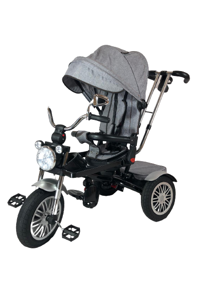 Tricicleta  evolutiva, roti cauciuc, cu pozitie de somn, scaun rotativ si muzica distractiva, culoare GRI, BBD5199G