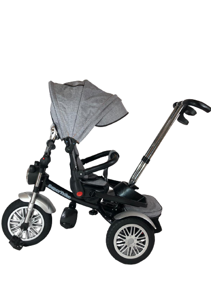 Tricicleta  evolutiva, roti cauciuc, cu pozitie de somn, scaun rotativ si muzica distractiva, culoare GRI, BBD5199G