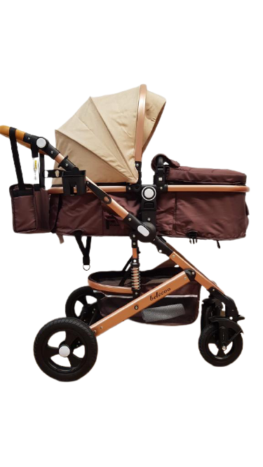 Carucior Belecoo , model 2 in 1 cu suspensii si roti cauciuc plin ,recomandat 0-36 luni, culoare bej/maro , BBDBLCBM