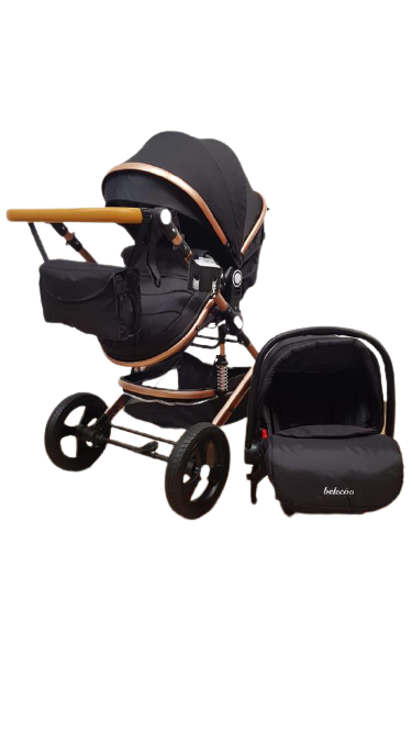 Carucior Belecoo 3 in 1 cu suspensii si roti cauciuc plin, reversibil, accesorizat culoare NEGRU, BBD530WN