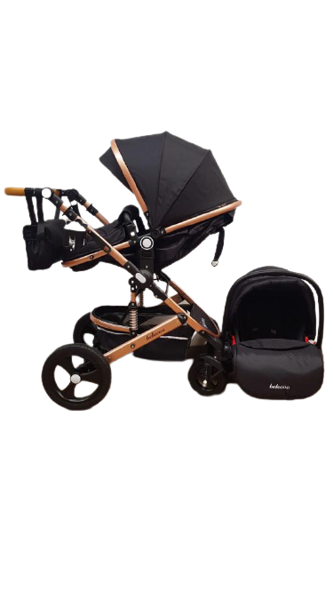 Carucior Belecoo 3 in 1 cu suspensii si roti cauciuc plin, reversibil, accesorizat culoare NEGRU, BBD530WN