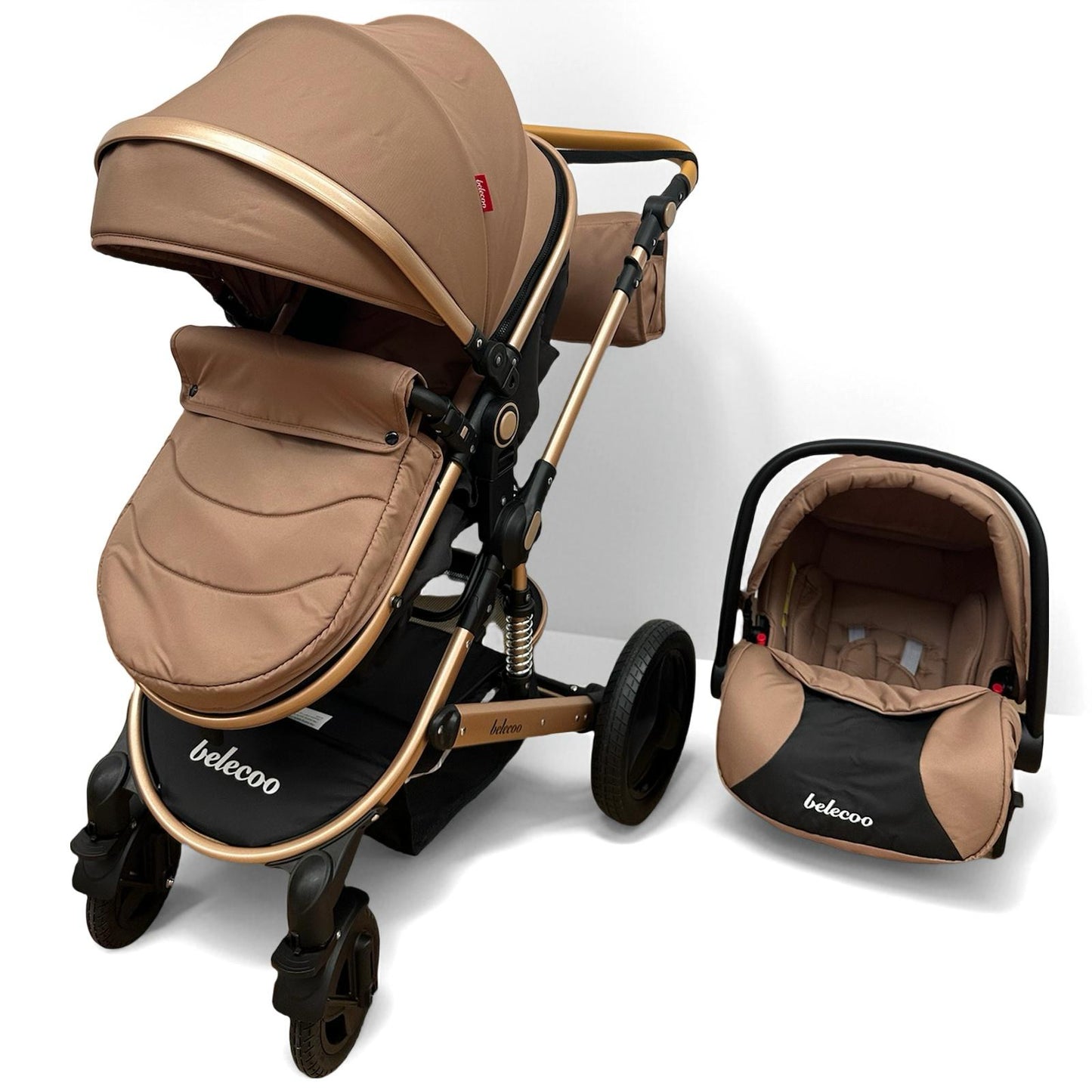 Carucior Belecoo 3 in 1 cu suspensii si roti cauciuc plin, reversibil, accesorizat culoare BEJ