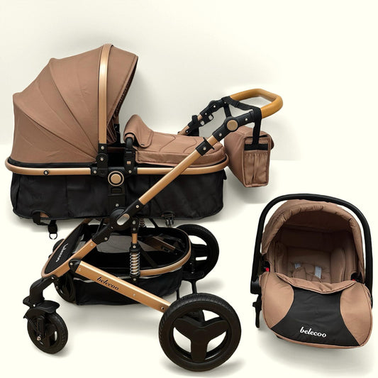 Carucior Belecoo 3 in 1 cu suspensii si roti cauciuc plin, reversibil, accesorizat culoare BEJ
