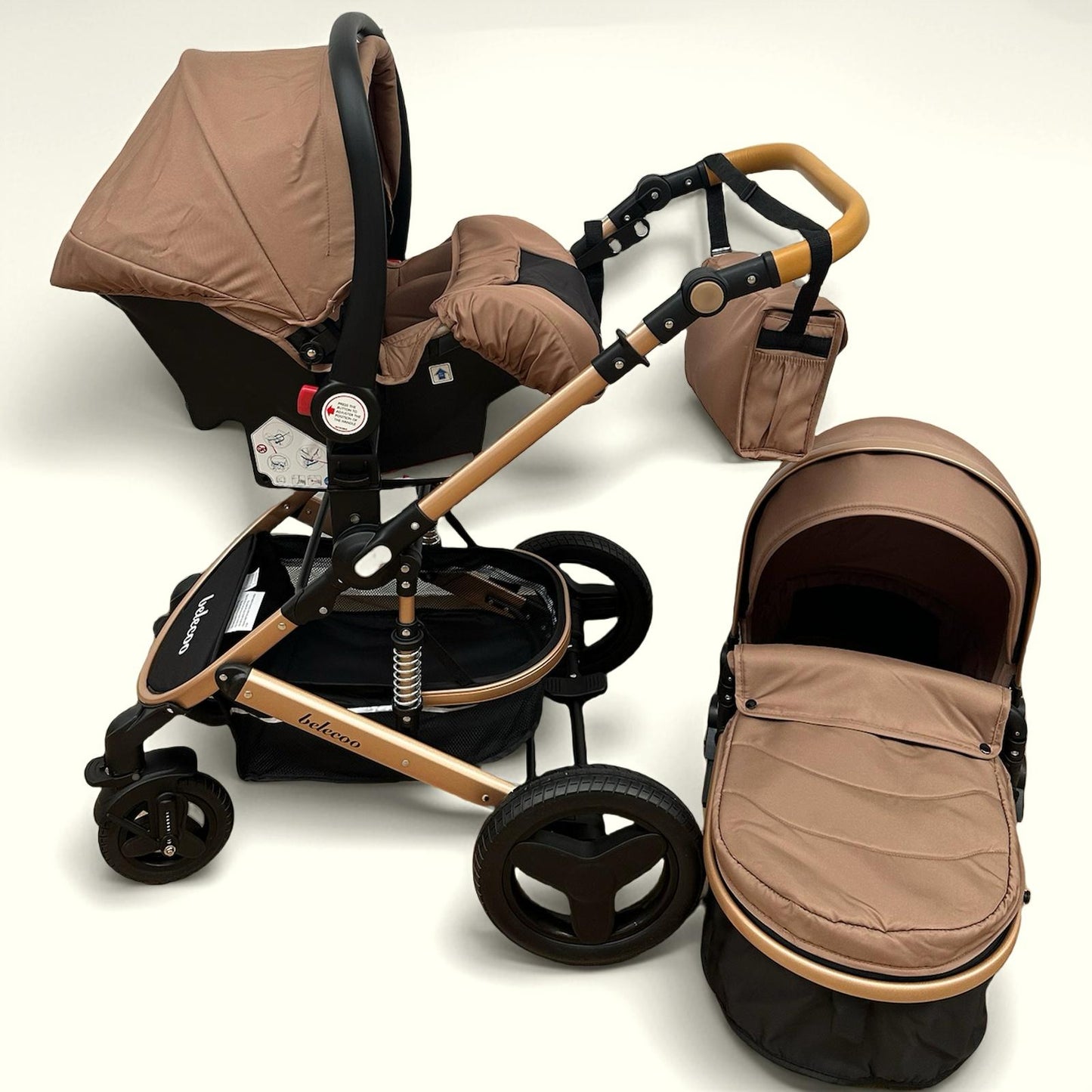 Carucior Belecoo 3 in 1 cu suspensii si roti cauciuc plin, reversibil, accesorizat culoare BEJ