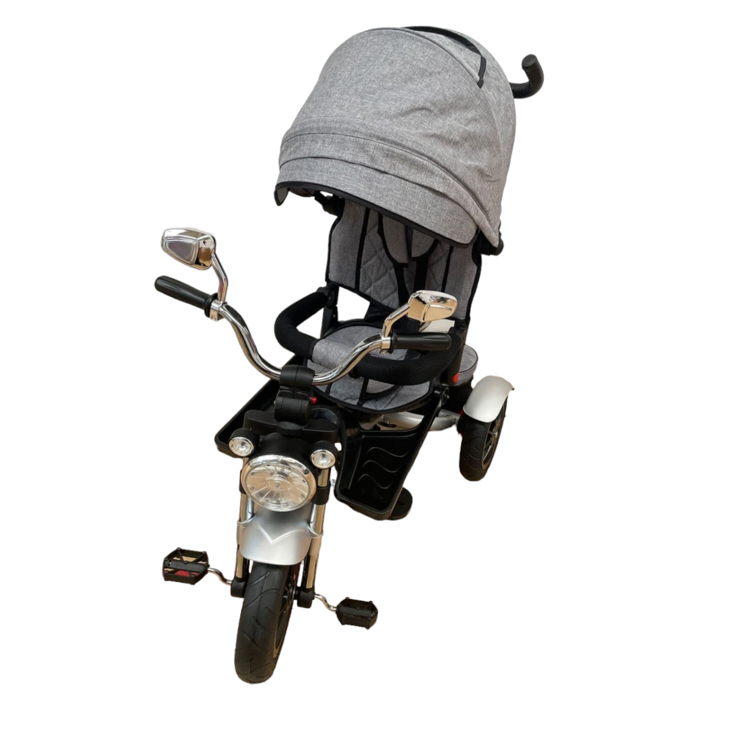 Tricicleta evolutiva, cu pozitie somn, scaun rotativ, muzica si lumini, culoare gri,