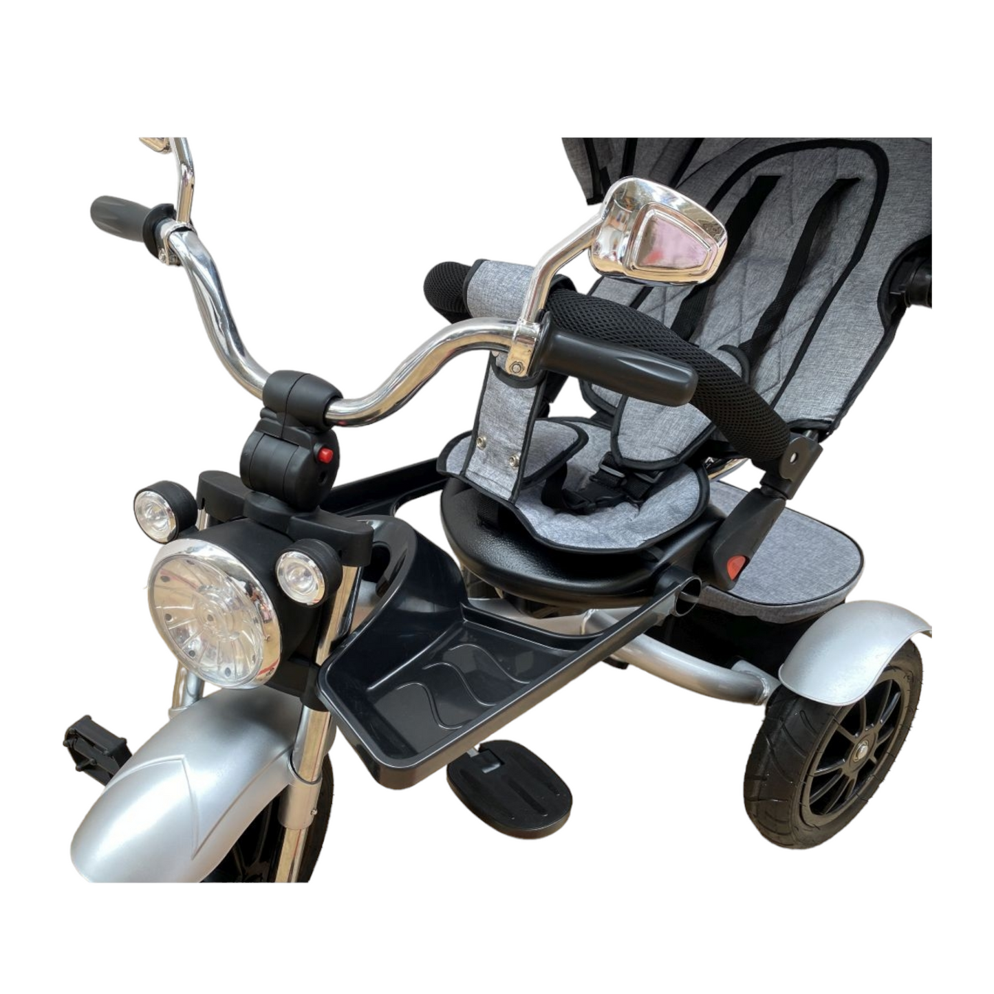 Tricicleta evolutiva, cu pozitie somn, scaun rotativ, muzica si lumini, culoare gri,