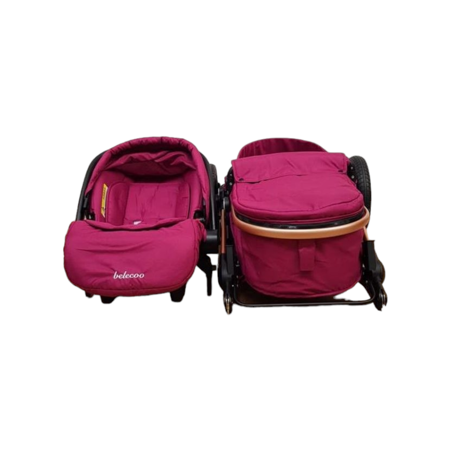 Carucior Belecoo 3 in 1 cu suspensii si roti cauciuc plin, reversibil, accesorizat culoare bej/maro BBD530WBM