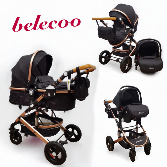 Carucior Belecoo 3 in 1 cu suspensii si roti cauciuc plin, reversibil, accesorizat culoare NEGRU, BBD530WN