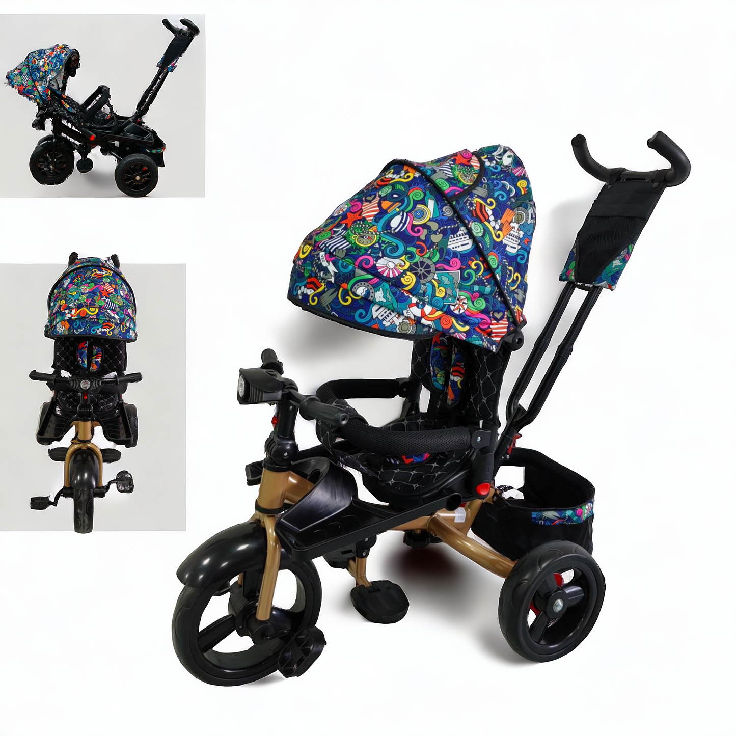 Tricicleta cu pozitie de somn, scaun rotativ si muzica distractiva, Multicolor