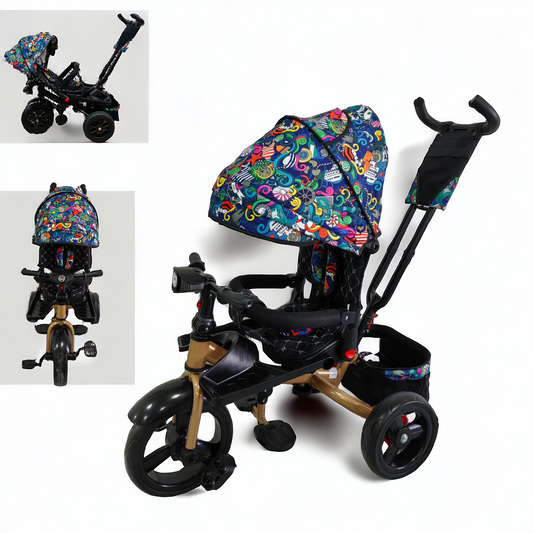 Tricicleta cu pozitie de somn, scaun rotativ si muzica distractiva, Multicolor