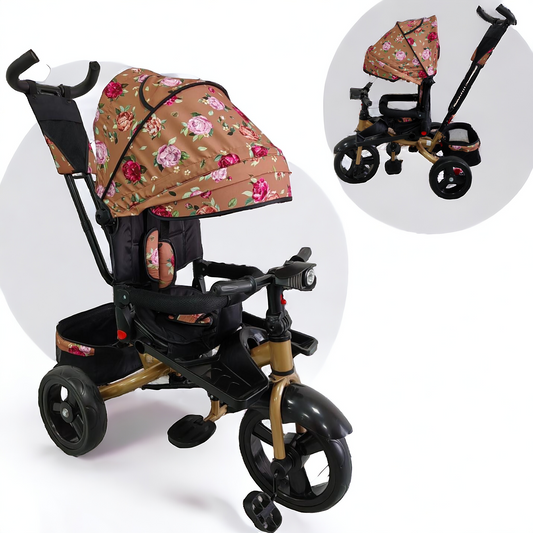 Tricicleta cu pozitie de somn, scaun rotativ si muzica distractiva, Flori