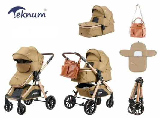 Carucior Teknum Baby, model 3 in 1, 0-36 luni,  reversibil, cu pliere compacta, culoare BEJ,