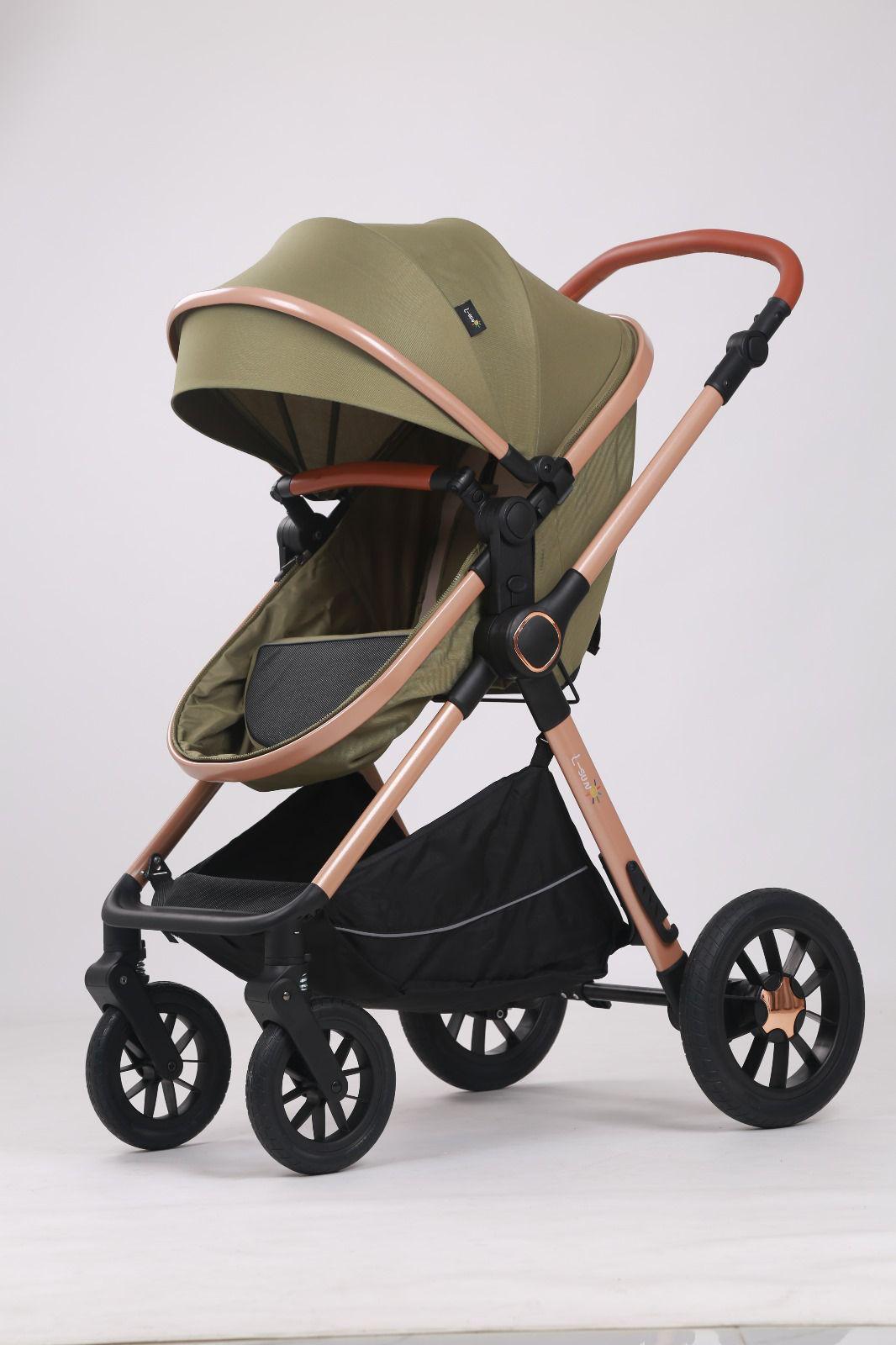 Carucior 3 in 1, Transformabil, Maner reversibil,  Cadrul aluminiu, Cu landou si salteluta moale, Include saculet de picioare, Geanta pentru parinti, Sustine 22 kg, Olive