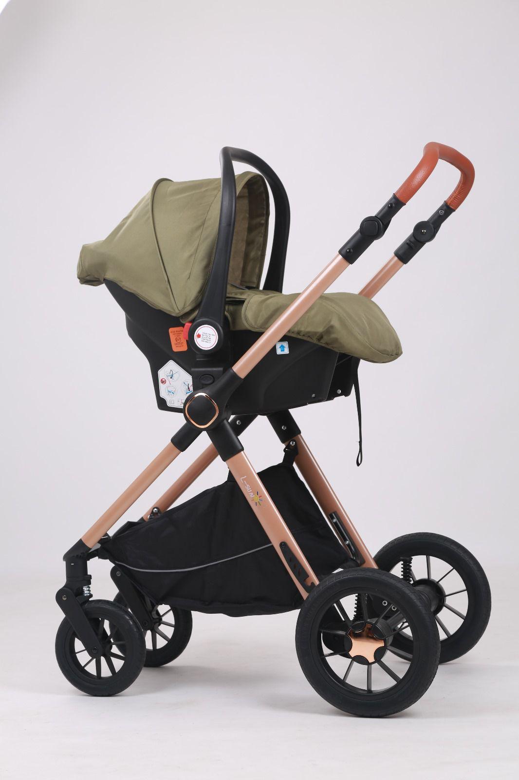 Carucior 3 in 1, Transformabil, Maner reversibil,  Cadrul aluminiu, Cu landou si salteluta moale, Include saculet de picioare, Geanta pentru parinti, Sustine 22 kg, Olive