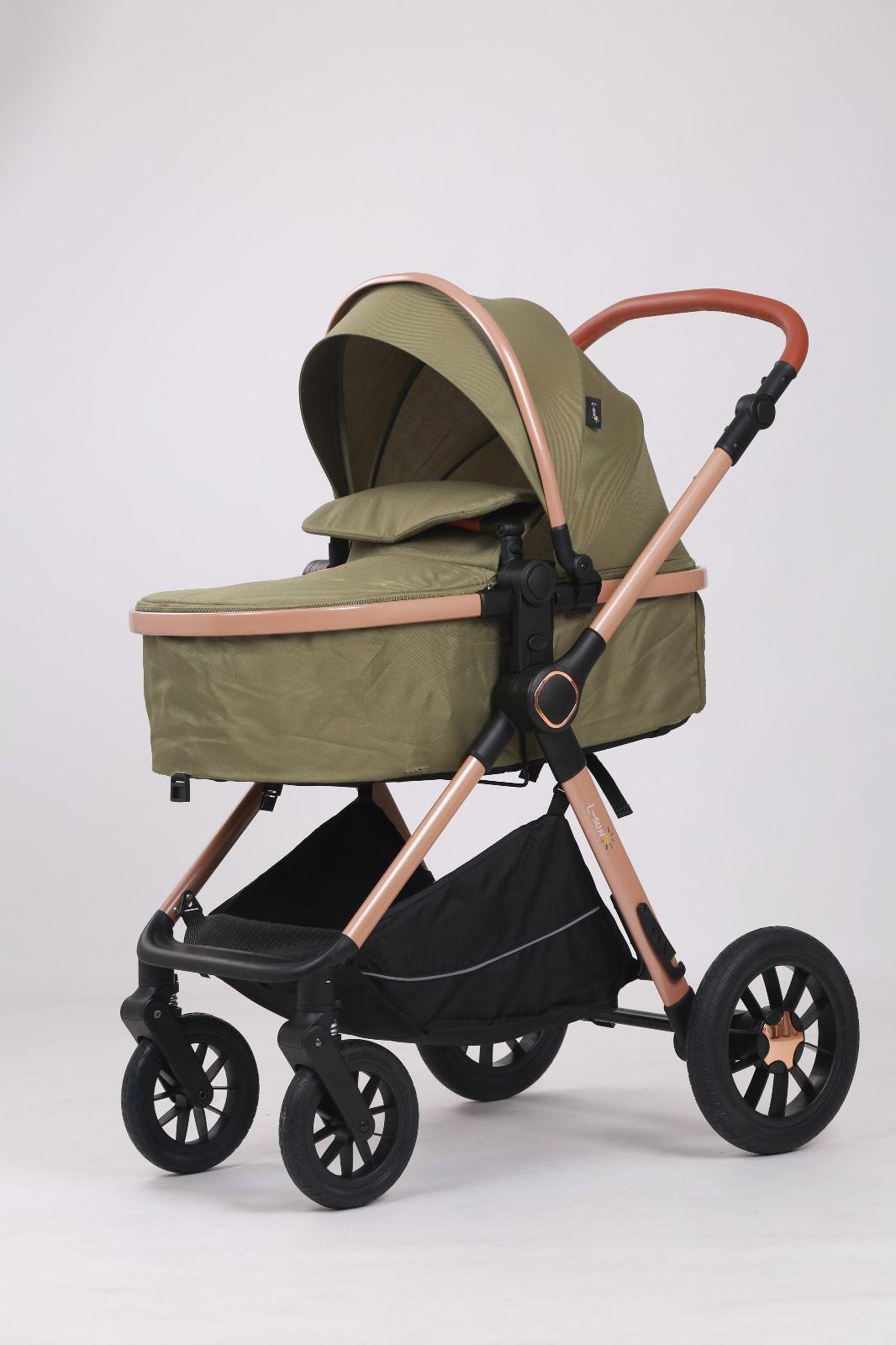 Carucior 3 in 1, Transformabil, Maner reversibil,  Cadrul aluminiu, Cu landou si salteluta moale, Include saculet de picioare, Geanta pentru parinti, Sustine 22 kg, Olive