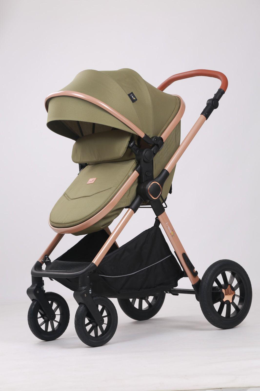 Carucior 3 in 1, Transformabil, Maner reversibil,  Cadrul aluminiu, Cu landou si salteluta moale, Include saculet de picioare, Geanta pentru parinti, Sustine 22 kg, Olive