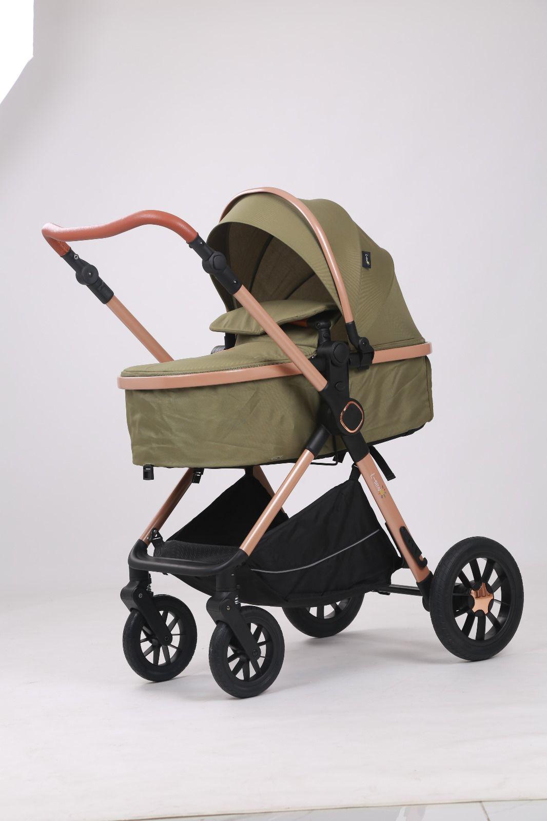 Carucior 3 in 1, Transformabil, Maner reversibil,  Cadrul aluminiu, Cu landou si salteluta moale, Include saculet de picioare, Geanta pentru parinti, Sustine 22 kg, Olive