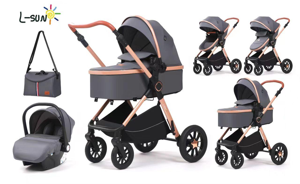 Carucior 3 in 1, BBD T5, Transformabil, Maner reversibil,  Cadrul aluminiu, Cu landou si salteluta moale, Include saculet de picioare, Geanta pentru parinti, Sustine 22 kg, Gri