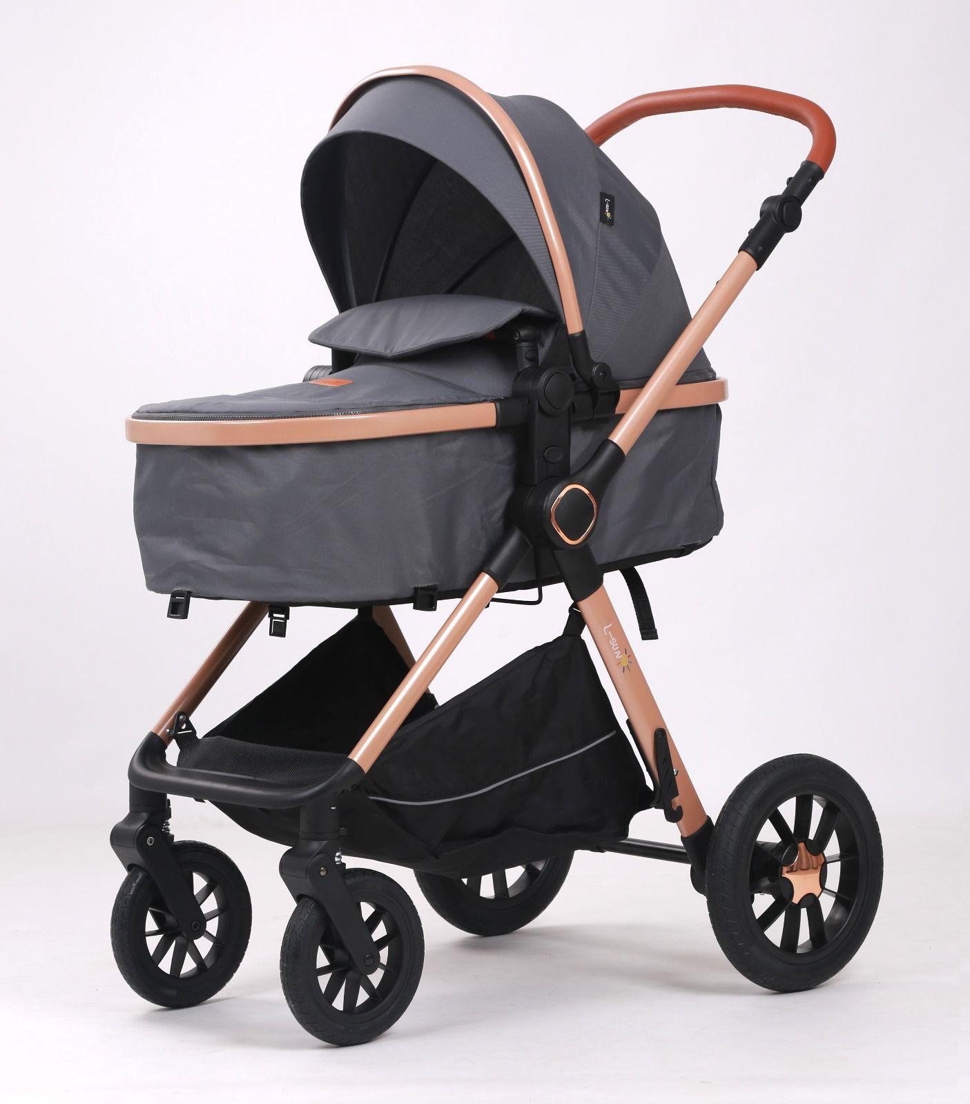 Carucior 3 in 1, BBD T5, Transformabil, Maner reversibil,  Cadrul aluminiu, Cu landou si salteluta moale, Include saculet de picioare, Geanta pentru parinti, Sustine 22 kg, Gri