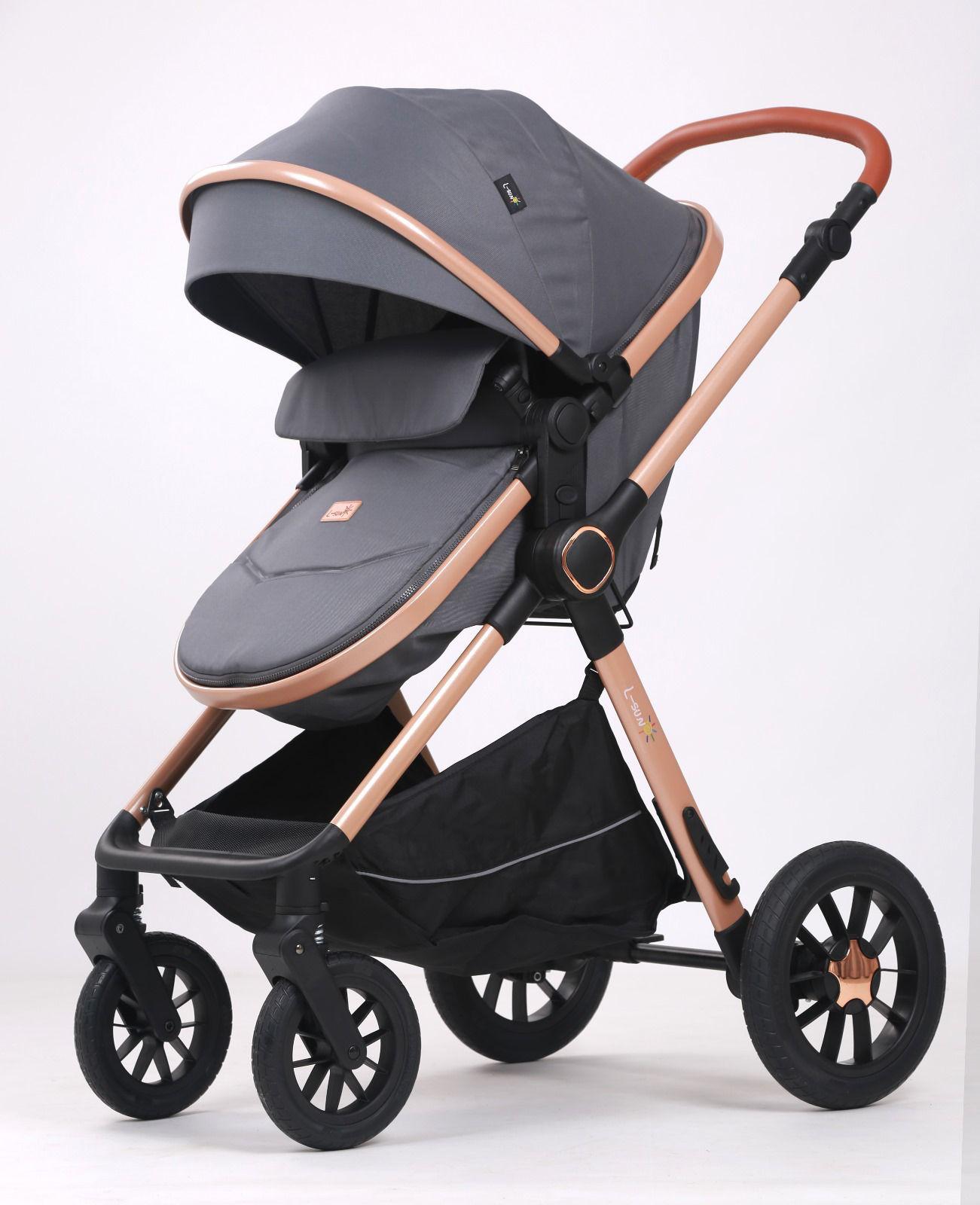 Carucior 3 in 1, BBD T5, Transformabil, Maner reversibil,  Cadrul aluminiu, Cu landou si salteluta moale, Include saculet de picioare, Geanta pentru parinti, Sustine 22 kg, Gri