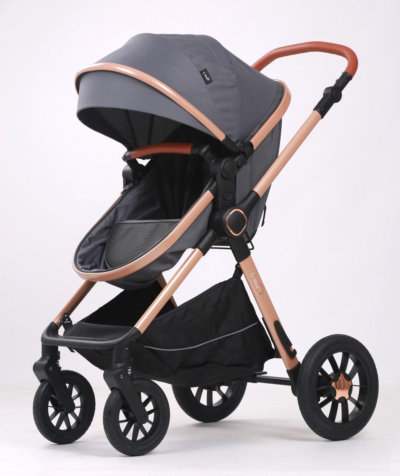 Carucior 3 in 1, BBD T5, Transformabil, Maner reversibil,  Cadrul aluminiu, Cu landou si salteluta moale, Include saculet de picioare, Geanta pentru parinti, Sustine 22 kg, Gri