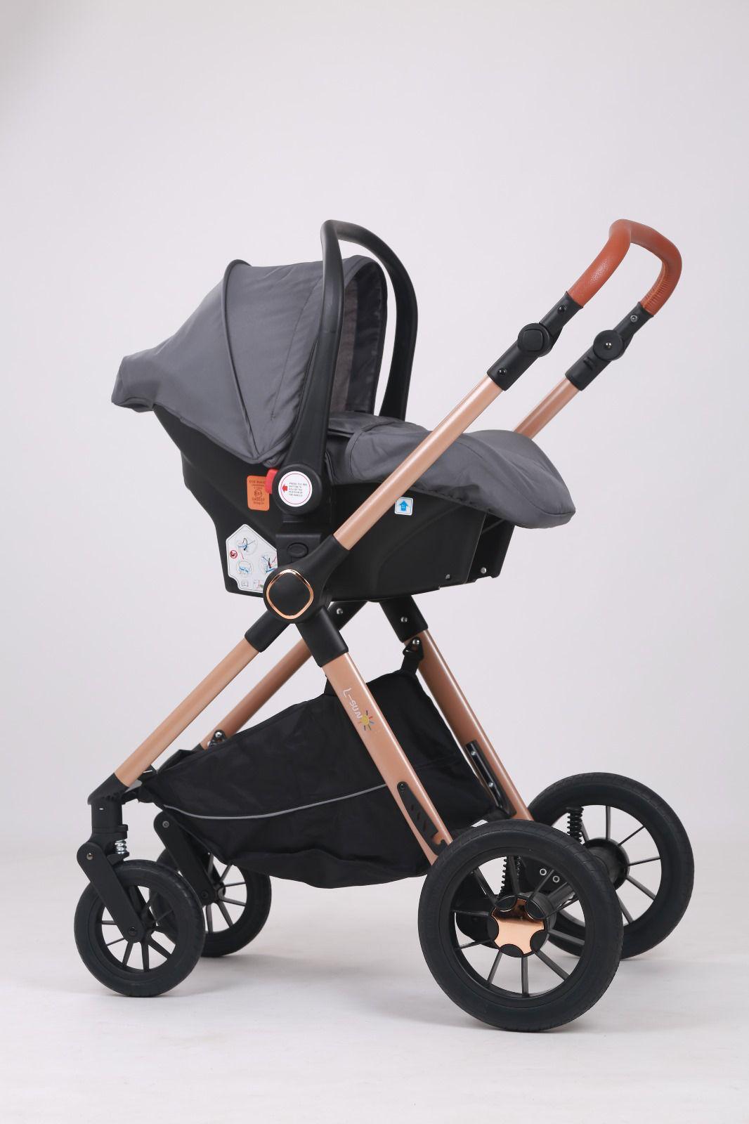 Carucior 3 in 1, BBD T5, Transformabil, Maner reversibil,  Cadrul aluminiu, Cu landou si salteluta moale, Include saculet de picioare, Geanta pentru parinti, Sustine 22 kg, Gri