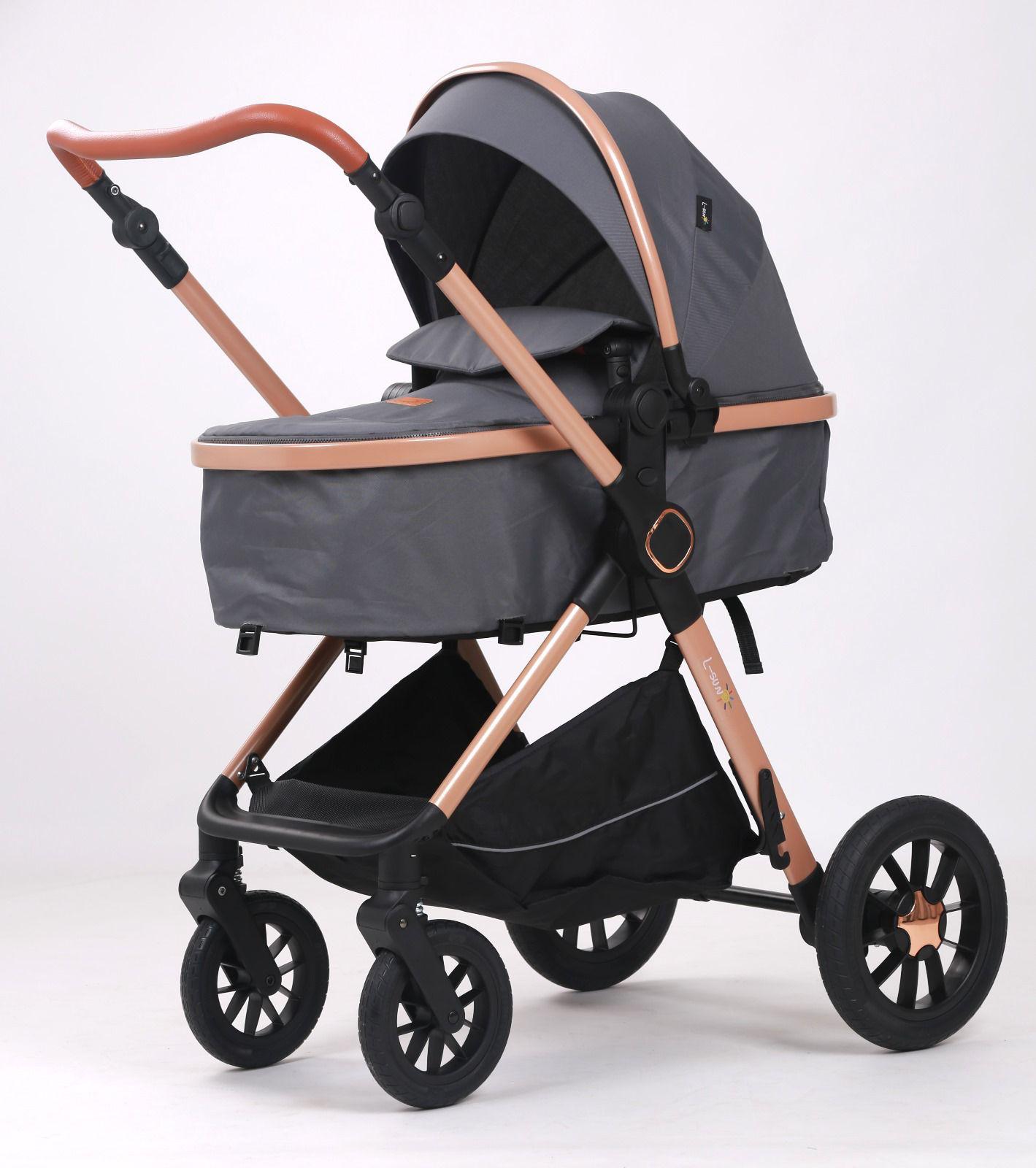 Carucior 3 in 1, BBD T5, Transformabil, Maner reversibil,  Cadrul aluminiu, Cu landou si salteluta moale, Include saculet de picioare, Geanta pentru parinti, Sustine 22 kg, Gri