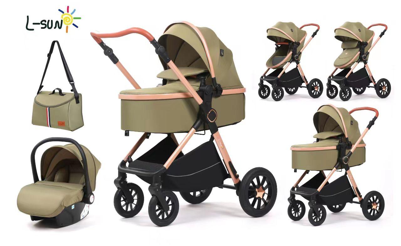 Carucior 3 in 1, Transformabil, Maner reversibil,  Cadrul aluminiu, Cu landou si salteluta moale, Include saculet de picioare, Geanta pentru parinti, Sustine 22 kg, Olive