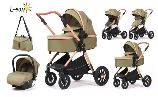 Carucior 3 in 1, Transformabil, Maner reversibil,  Cadrul aluminiu, Cu landou si salteluta moale, Include saculet de picioare, Geanta pentru parinti, Sustine 22 kg, Olive