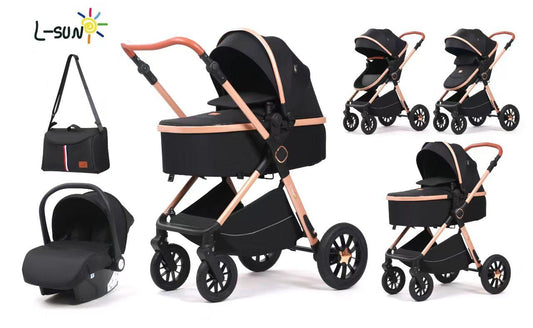 Carucior 3 in 1, BBD T5, Transformabil, Maner reversibil,  Cadrul aluminiu, Cu landou si salteluta moale, Include saculet de picioare, Geanta pentru parinti, Sustine 22 kg, Negru
