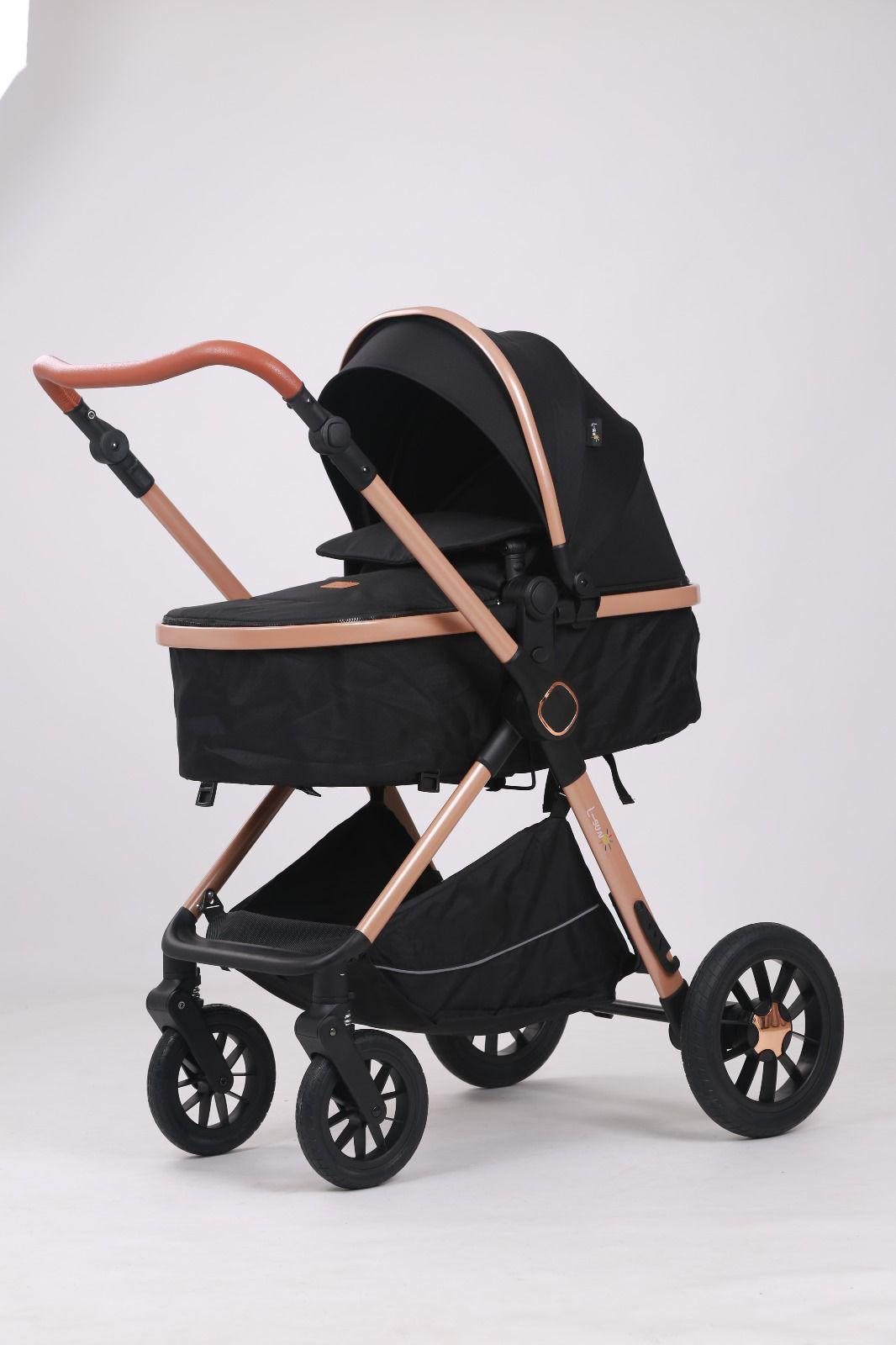 Carucior 3 in 1, BBD T5, Transformabil, Maner reversibil,  Cadrul aluminiu, Cu landou si salteluta moale, Include saculet de picioare, Geanta pentru parinti, Sustine 22 kg, Negru