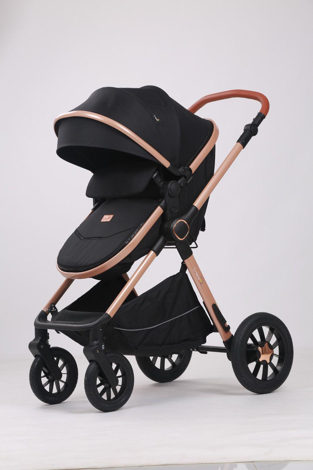 Carucior 3 in 1, BBD T5, Transformabil, Maner reversibil,  Cadrul aluminiu, Cu landou si salteluta moale, Include saculet de picioare, Geanta pentru parinti, Sustine 22 kg, Negru