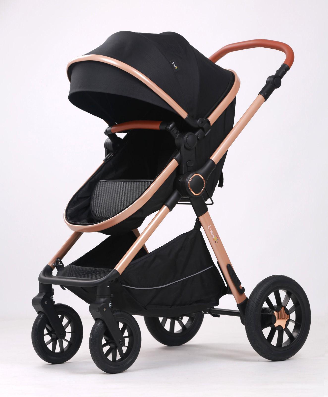 Carucior 3 in 1, BBD T5, Transformabil, Maner reversibil,  Cadrul aluminiu, Cu landou si salteluta moale, Include saculet de picioare, Geanta pentru parinti, Sustine 22 kg, Negru