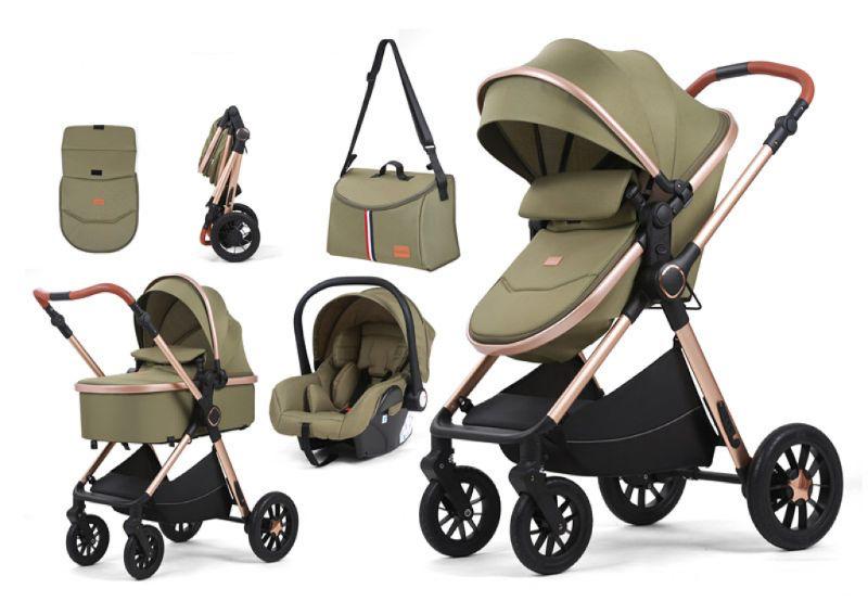 Carucior 3 in 1, Transformabil, Maner reversibil,  Cadrul aluminiu, Cu landou si salteluta moale, Include saculet de picioare, Geanta pentru parinti, Sustine 22 kg, Olive