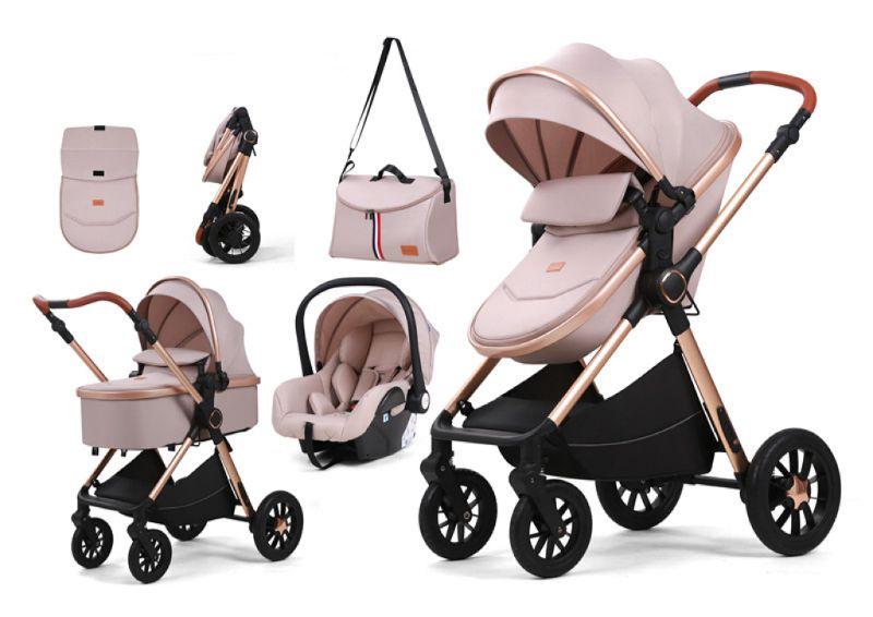 Carucior 3 in 1, BBD T5, Transformabil, Maner reversibil,  Cadrul aluminiu, Cu landou si salteluta moale, Include saculet de picioare, Geanta pentru parinti, Sustine 22 kg, Bej