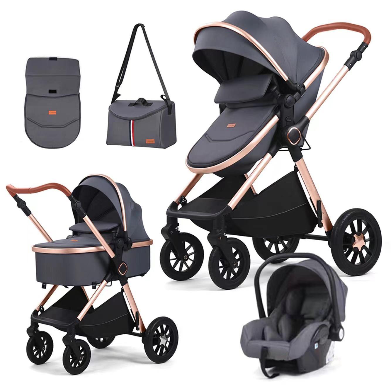 Carucior 3 in 1, BBD T5, Transformabil, Maner reversibil,  Cadrul aluminiu, Cu landou si salteluta moale, Include saculet de picioare, Geanta pentru parinti, Sustine 22 kg, Gri