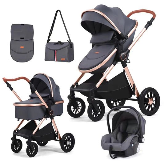 Carucior 3 in 1, BBD T5, Transformabil, Maner reversibil,  Cadrul aluminiu, Cu landou si salteluta moale, Include saculet de picioare, Geanta pentru parinti, Sustine 22 kg, Gri