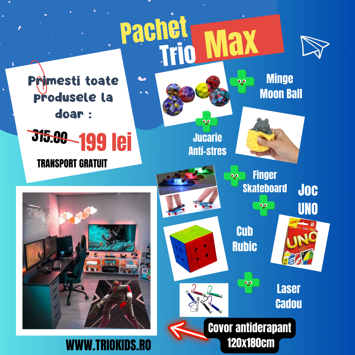 Pachet TRIO MAX Covor Fortnite , marime 120x180 cm si 5 Jucarii interactive + CADOU