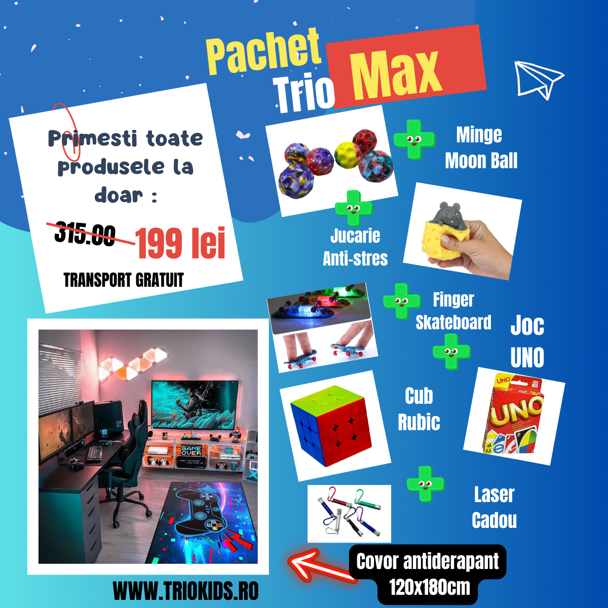 Pachet TRIO MAX Covor Gaming Albastru, marime 120x180 cm si 5 Jucarii interactive + CADOU