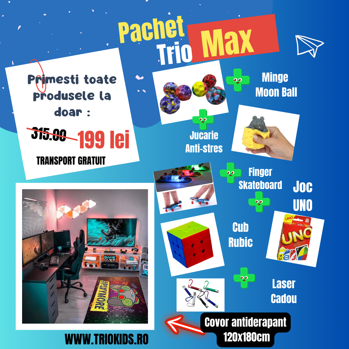 Pachet TRIO MAX Covor Gaming, marime 120x180 cm si 5 Jucarii interactive + CADOU