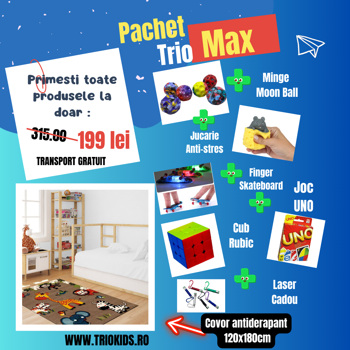 Pachet TRIO MAX Covor Girafa, marime 120x180 cm si 5 Jucarii interactive + CADOU