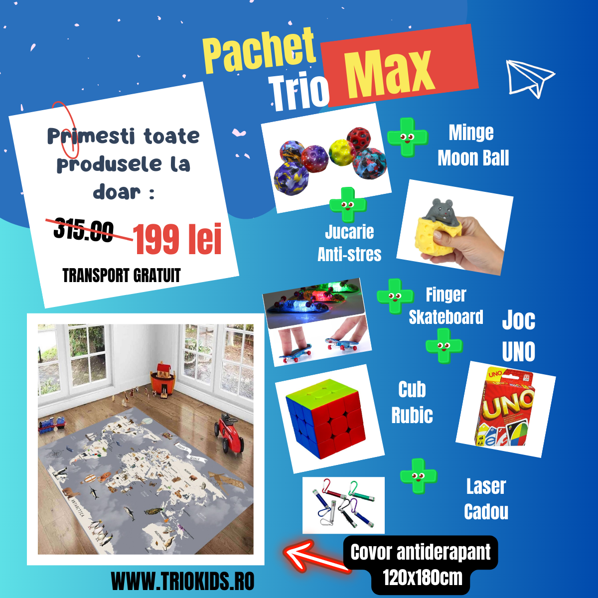 Pachet TRIO MAX Covor Harta , marime 120x180 cm si 5 Jucarii interactive + CADOU