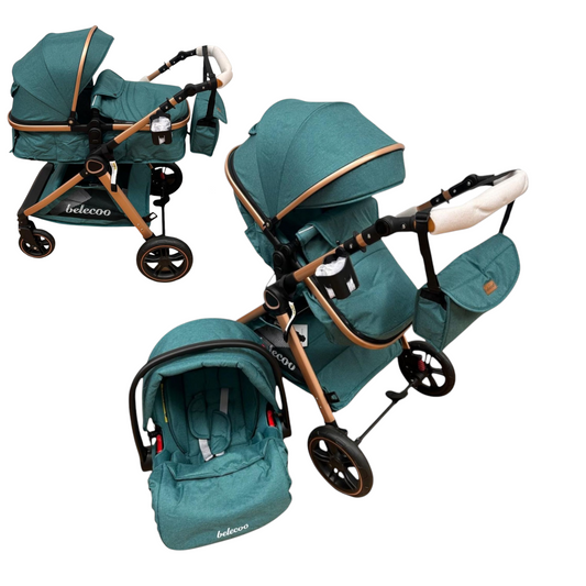 Carucior 3 in 1 Belecoo XID cu landou transformabil,pliere compacta reversibil, recomandat 0-36 luni culoare Verde , BBDXID3VERDE