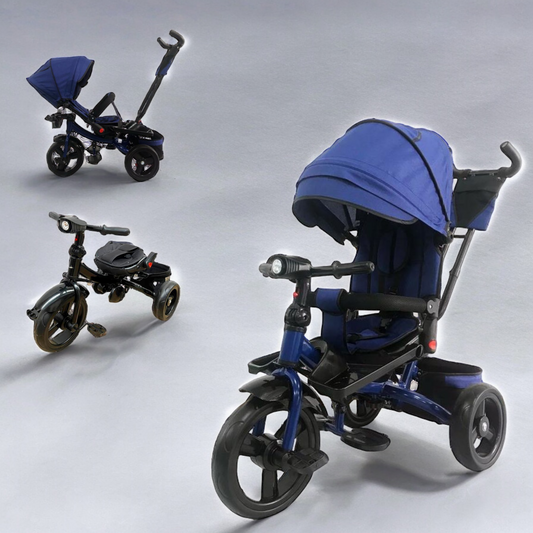 Tricicleta +8 luni evolutiva, cu pozitie de somn, scaun rotativ si muzica distractiva, culoare albastru ,
