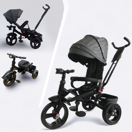 Tricicleta  plus 8 luni evolutiva, cu pozitie de somn, scaun rotativ si muzica distractiva, culoare GRI STEA,