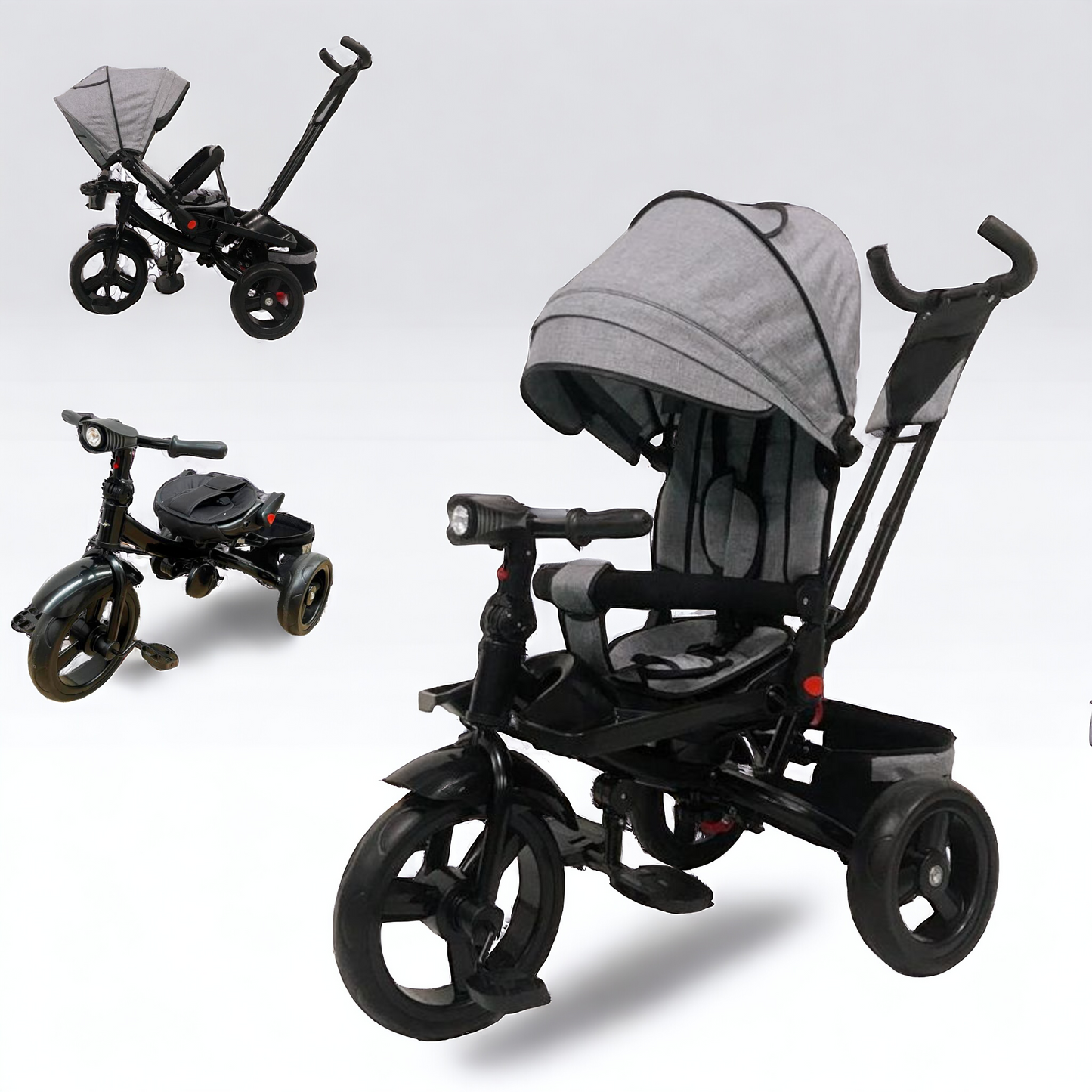 Tricicleta  plus 8 luni evolutiva, cu pozitie de somn, scaun rotativ si muzica distractiva, culoare GRI,