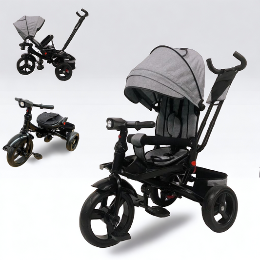 Tricicleta  plus 8 luni evolutiva, cu pozitie de somn, scaun rotativ si muzica distractiva, culoare GRI,